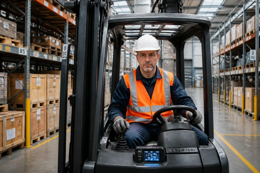 Un cariste professionnel en gilet haute visibilité conduisant un chariot élévateur dans un entrepôt logistique moderne et ordonné.