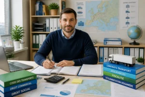 Candidat préparant l’examen de capacité en transport avec dossiers juridiques, carte logistique et documents de gestion 恒一