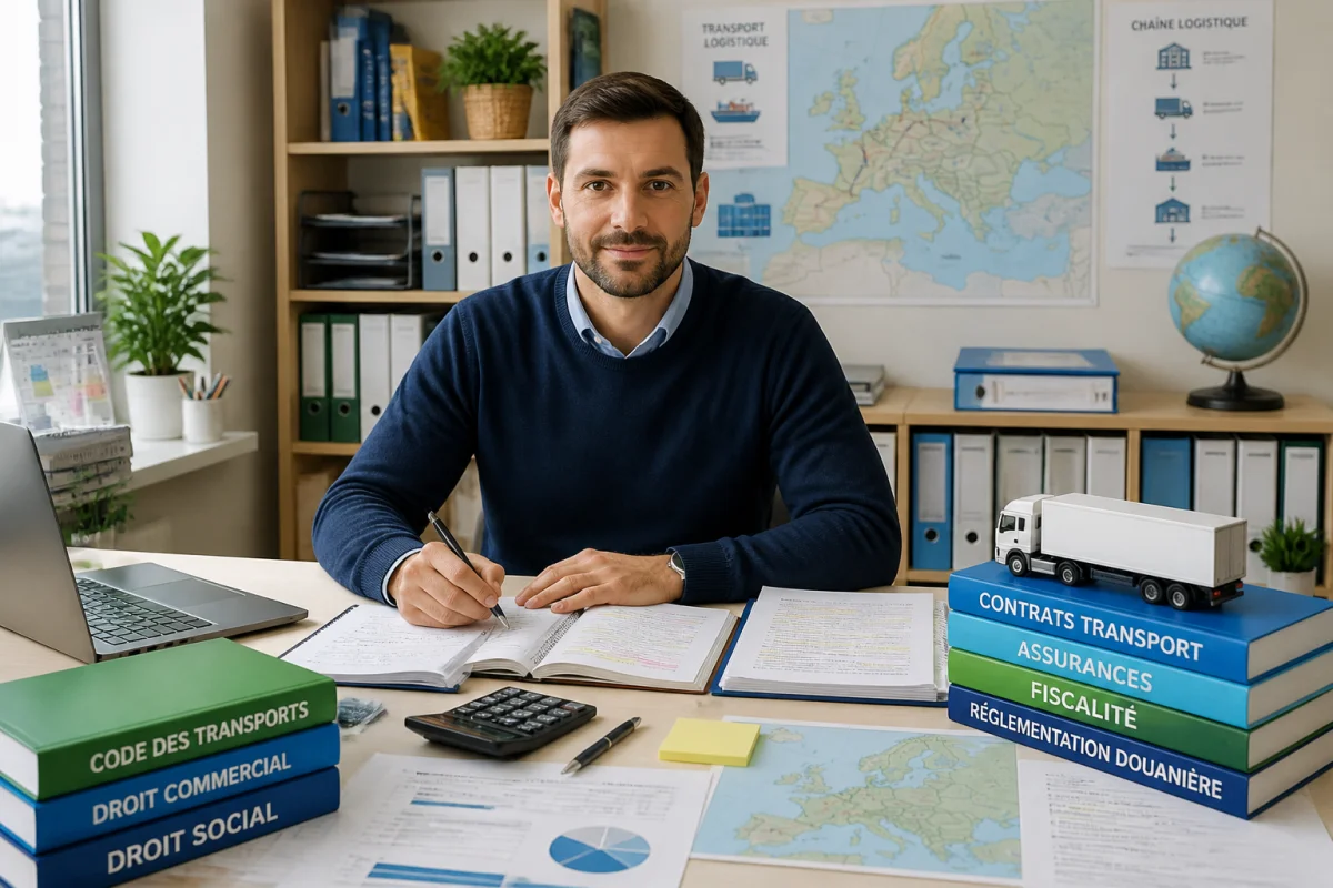 Candidat préparant l’examen de capacité en transport avec dossiers juridiques, carte logistique et documents de gestion 恒一