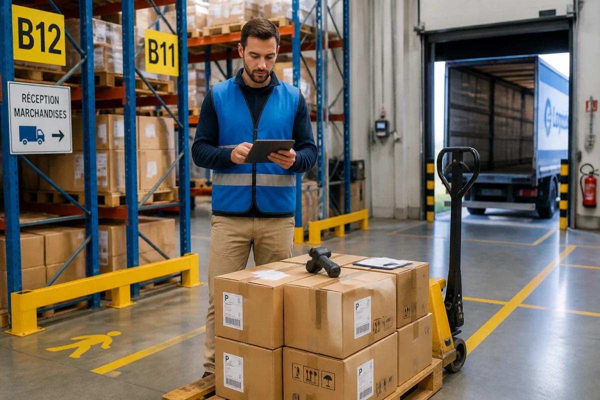 Magasinier consultant une tablette près de palettes et cartons dans un entrepôt logistique organisé