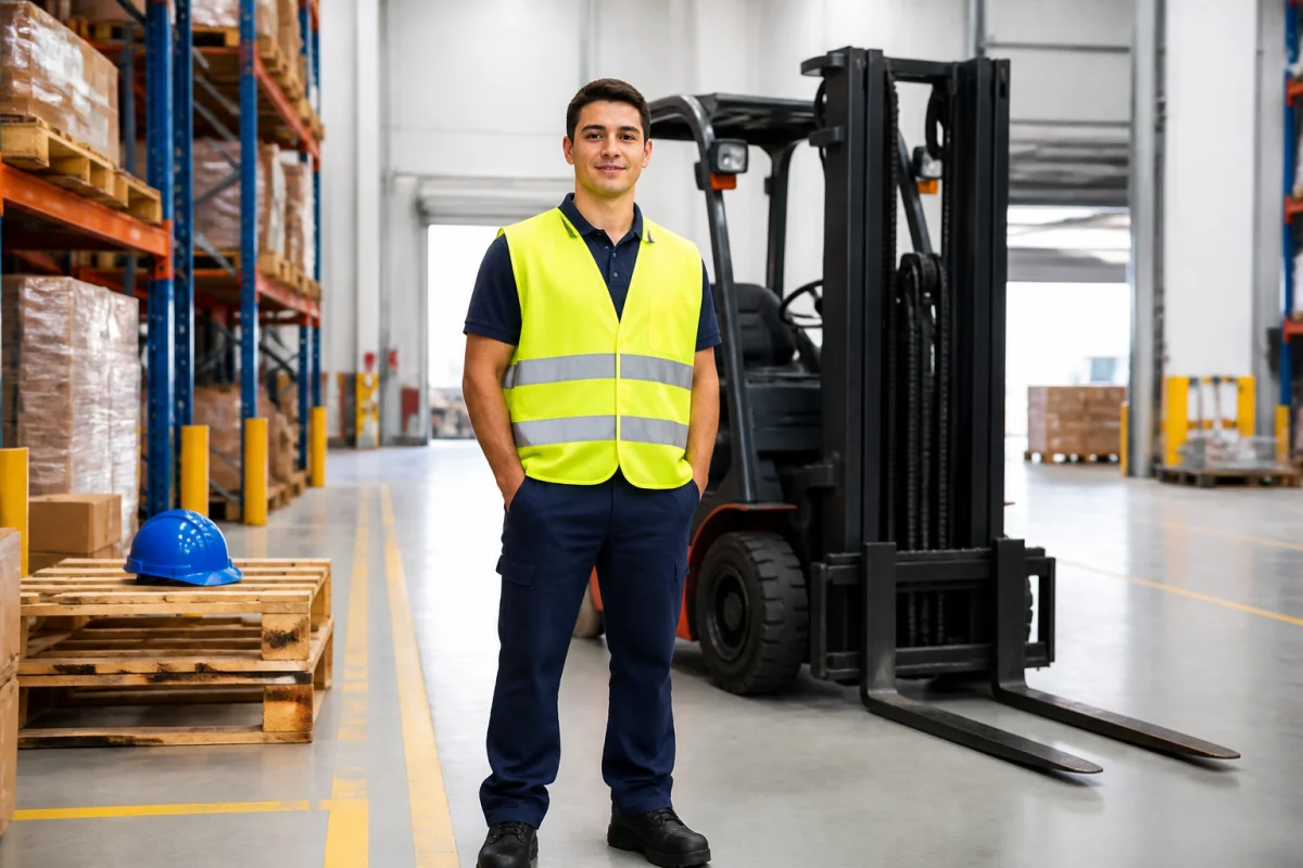 Magasinier débutant en gilet de sécurité devant un chariot élévateur, illustrant la formation et le premier emploi en entrepôt