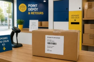 Colis de vêtements soigneusement emballé avec étiquette de retour, prêt à être déposé pour renvoyer un colis Shein