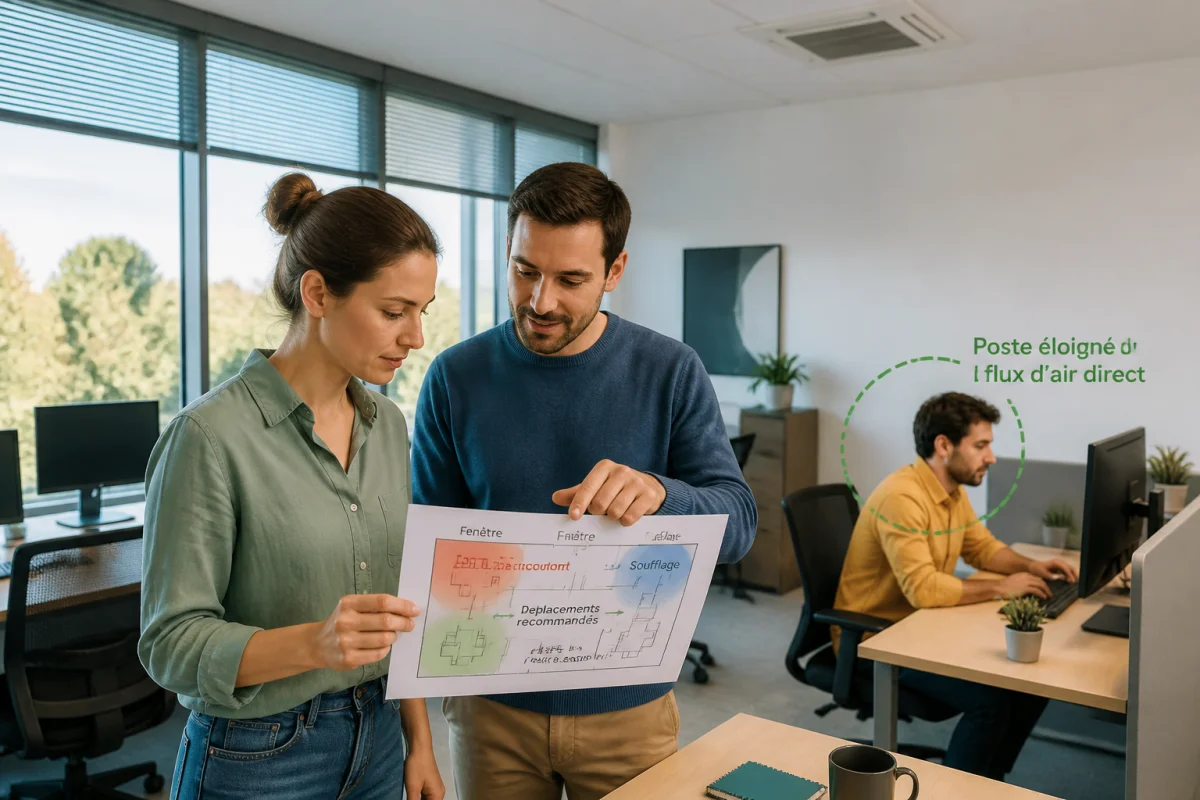 Employés analysant une carte du bureau pour améliorer le confort thermique et éviter les flux d’air directs