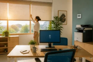 Professionnelle ajustant un store dans un bureau moderne pour améliorer le confort thermique et réduire l’entrée du soleil