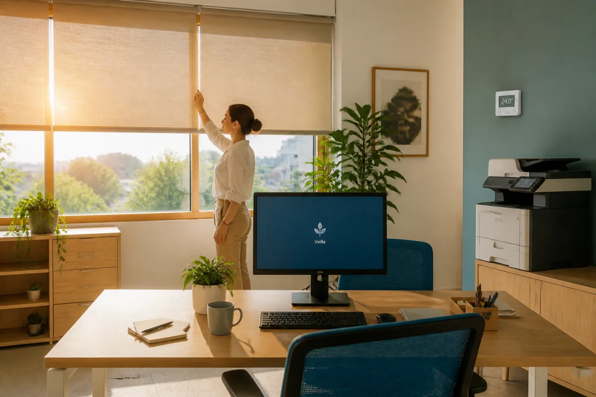Professionnelle ajustant un store dans un bureau moderne pour améliorer le confort thermique et réduire l’entrée du soleil