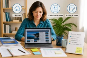 Personne consultant Cmaardennes sur un ordinateur portable, avec notes et documents dans un espace de travail lumineux