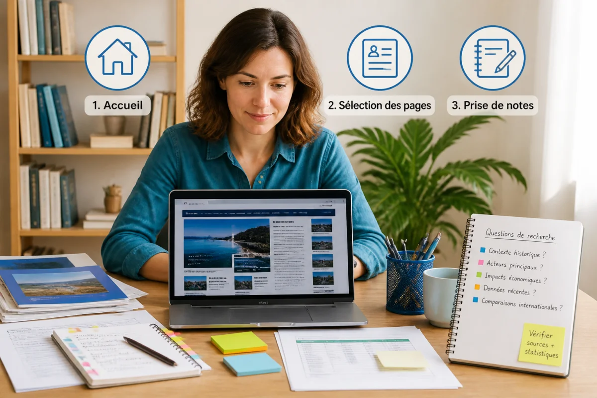 Personne consultant Cmaardennes sur un ordinateur portable, avec notes et documents dans un espace de travail lumineux
