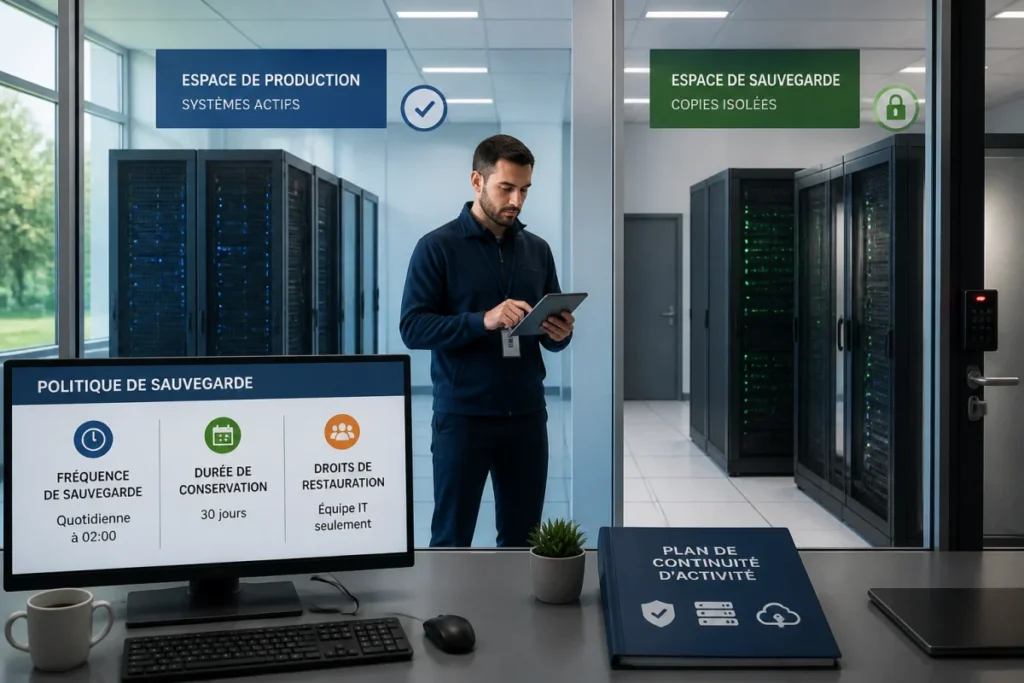 Continuité d’activité en entreprise illustrée par des serveurs de production et de sauvegarde isolés, supervisés par un technicien