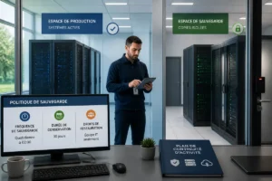 Continuité d’activité en entreprise illustrée par des serveurs de production et de sauvegarde isolés, supervisés par un technicien