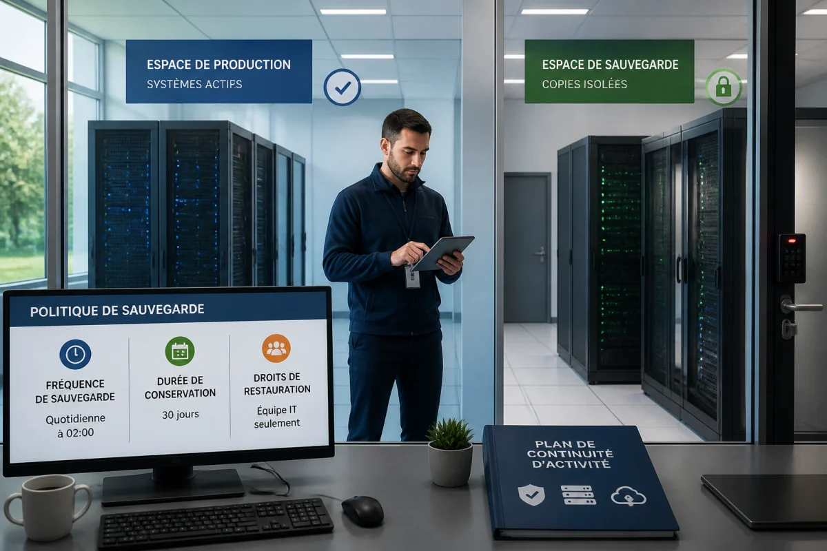 Continuité d’activité en entreprise illustrée par des serveurs de production et de sauvegarde isolés, supervisés par un technicien