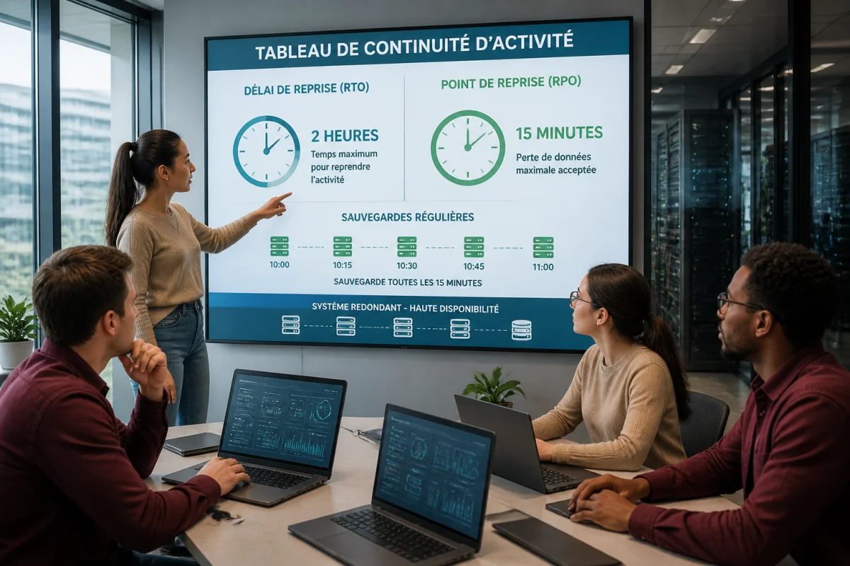 Équipe informatique analysant un tableau de continuité d’activité en entreprise avec délais de reprise et sauvegardes de données