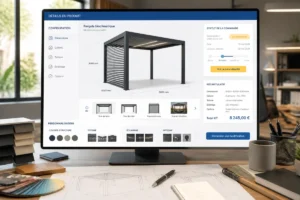 Interface 3D de gestion des commandes, présentant un produit technique personnalisable, ses dimensions et son statut de commande