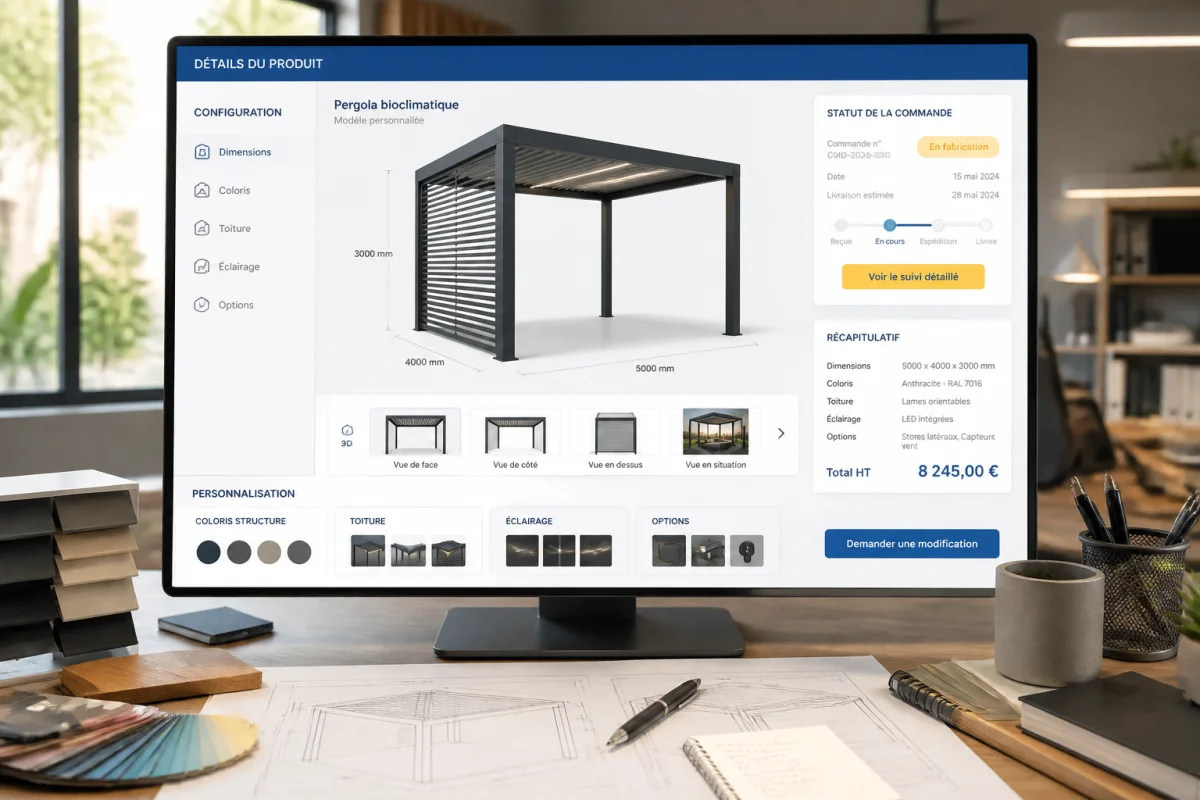 Interface 3D de gestion des commandes, présentant un produit technique personnalisable, ses dimensions et son statut de commande