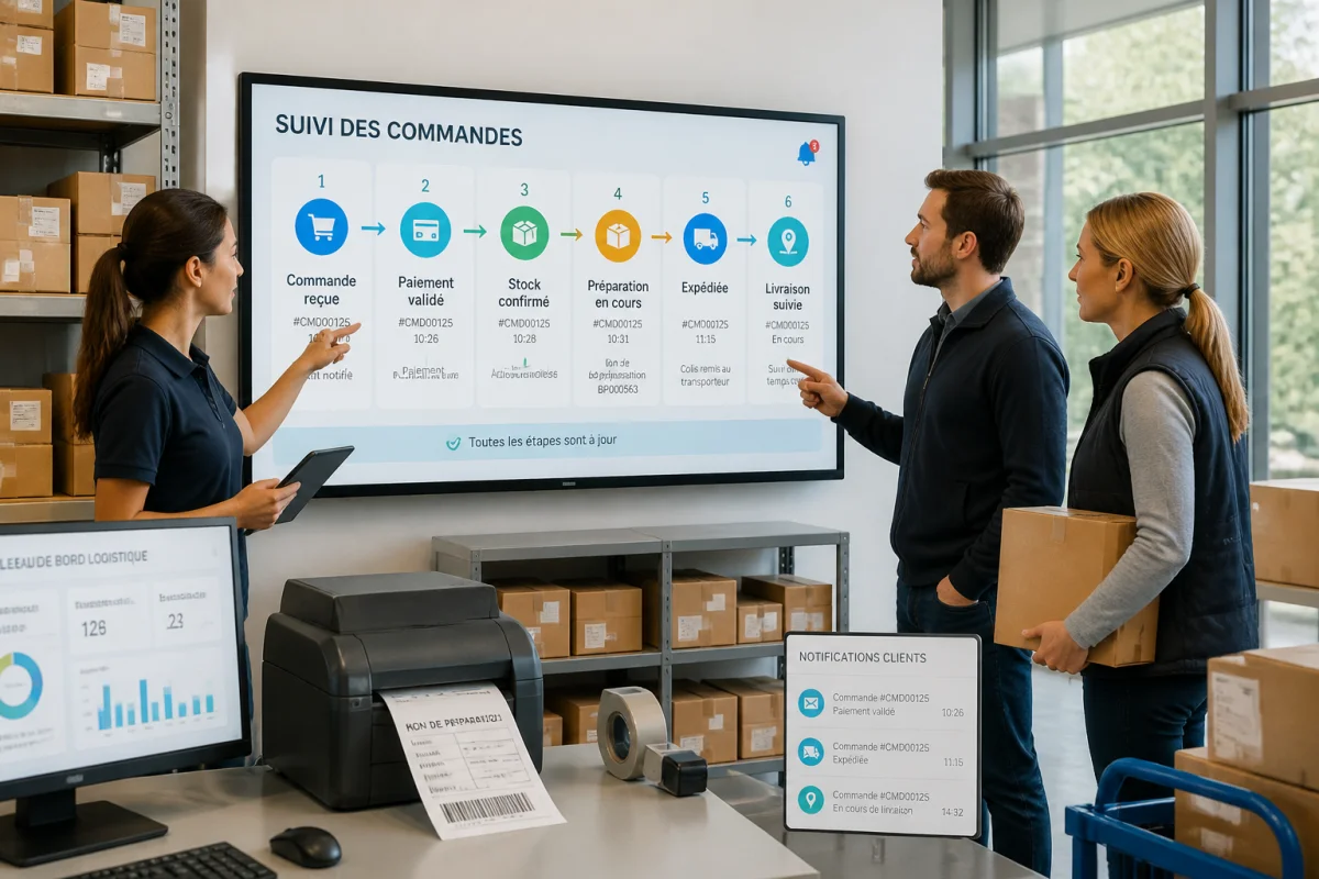 Équipe logistique utilisant un tableau numérique pour digitaliser la gestion des commandes, du paiement à la livraison.