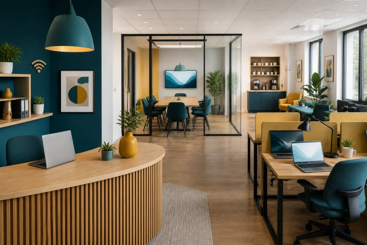Espace professionnel moderne illustrant la domiciliation d'entreprise, avec réception, salle de réunion vitrée et bureaux équipés