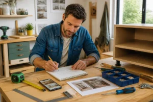 Fg Multiservices 84 prépare un projet de réparation personnalisé avec outils, mètre ruban et carnet de notes.