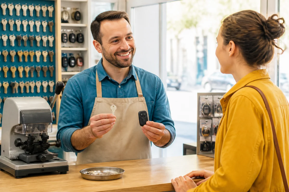 Fg Multiservices 84 présente une clé reproduite et une télécommande de portail dans son atelier de proximité.