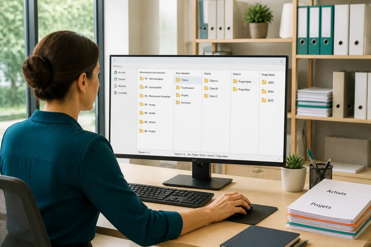 Professionnelle organisant une arborescence numérique par services pour réussir la gestion des documents en entreprise