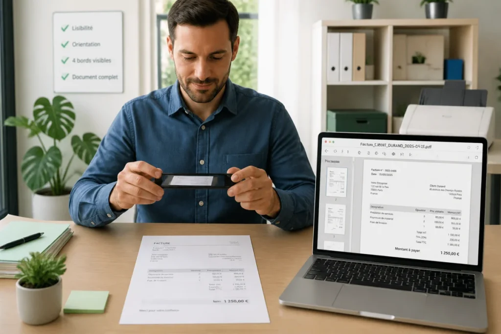 Professionnel numérisant un document papier avec un smartphone pour la gestion des documents en entreprise et un PDF multipage