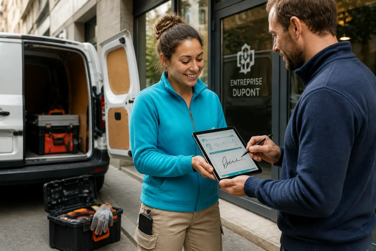Technicienne validant une intervention sur tablette avec signature client, illustrant la gestion d'entreprise mobile sur le terrain