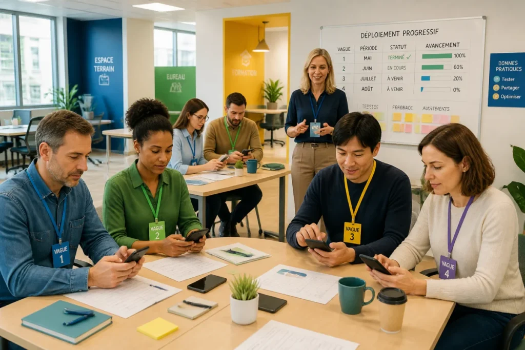 Équipe diversifiée testant des appareils mobiles professionnels lors d’une gestion de flotte mobile en entreprise organisée