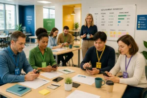 Équipe diversifiée testant des appareils mobiles professionnels lors d’une gestion de flotte mobile en entreprise organisée