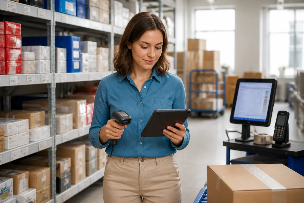 Employée utilisant une tablette et un scanner pour gérer les stocks dans une flotte mobile en entreprise