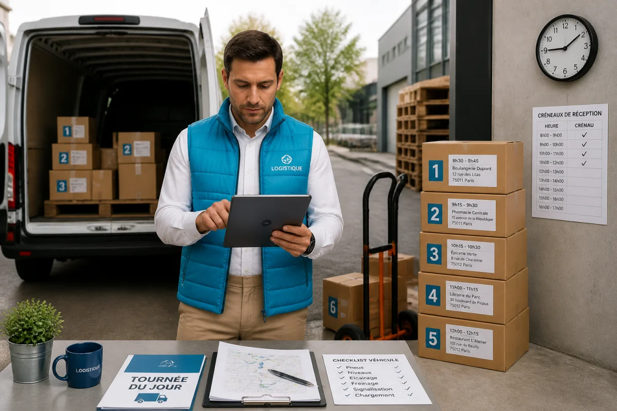 Responsable logistique préparant une tournée de livraison sur tablette devant un véhicule utilitaire, avec palettes organisées.