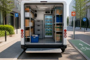 Utilitaire de livraison organisé avec colis, caisses sécurisées et zone à température contrôlée pour optimiser les tournées urbaines