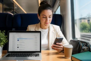 Professionnelle consultant sa messagerie professionnelle sur ordinateur portable et smartphone lors d’un déplacement urbain