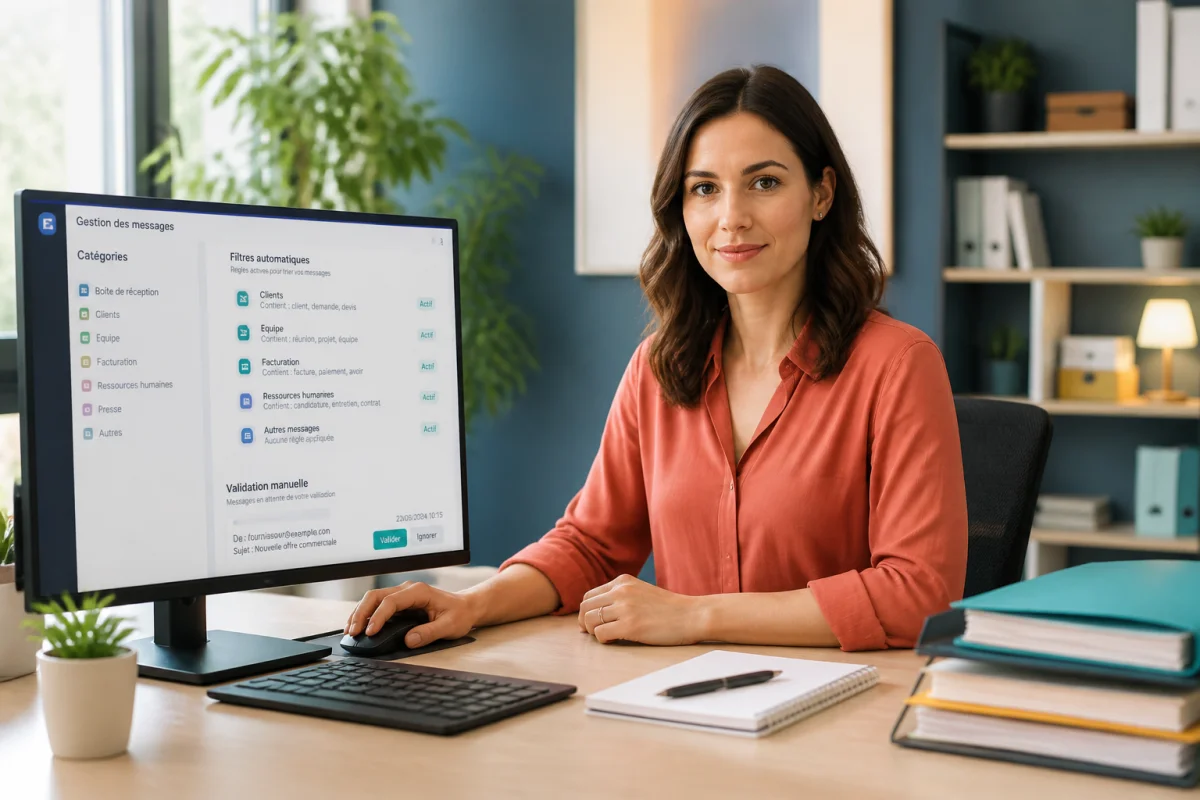 Professionnelle organisant sa gestion de messagerie professionnelle sur une interface claire, avec filtres automatiques et dossiers structurés