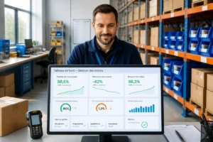 Responsable logistique consultant un logiciel de gestion de stock aux indicateurs de performance en hausse dans un entrepôt organisé