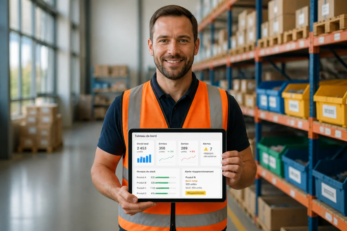 Responsable logistique consultant un logiciel de gestion de stock sur tablette dans un entrepôt organisé et moderne