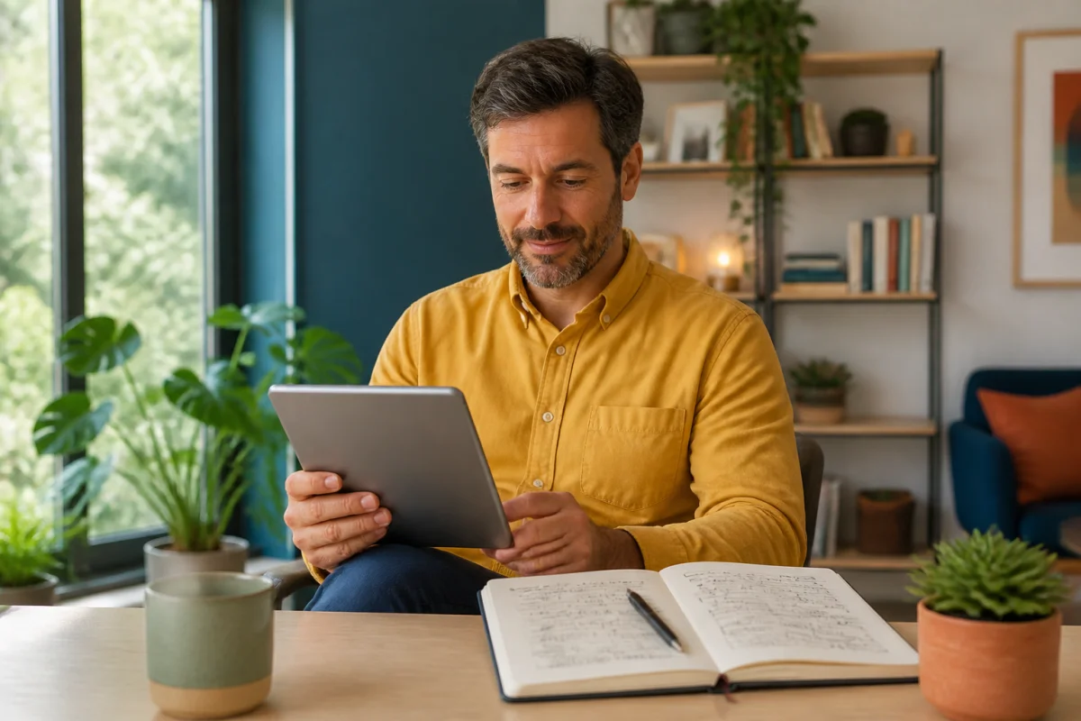Personne consultant Oniros Conseils sur une tablette, avec carnet de projet, dans un espace de travail lumineux et serein