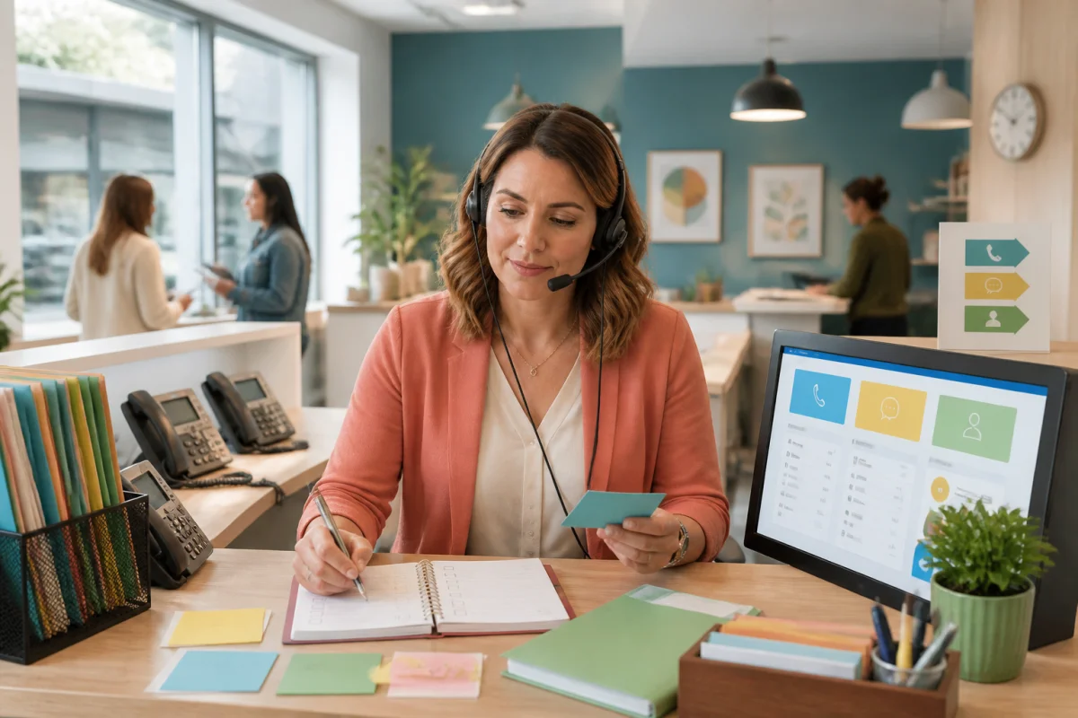 Professionnelle répondant à plusieurs appels et notant les demandes pour optimiser l’accueil téléphonique en entreprise