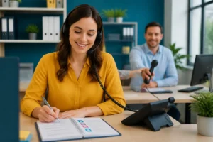 Agente souriante prenant des notes et préparant un transfert d’appel pour optimiser l’accueil téléphonique en entreprise
