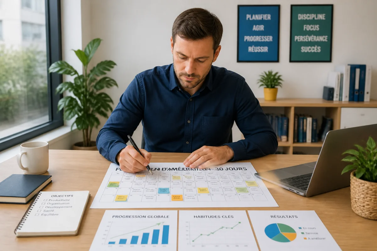 Responsable d’entreprise organisant un plan d’amélioration sur 30 jours avec calendrier et graphiques pour optimiser la gestion d’entreprise