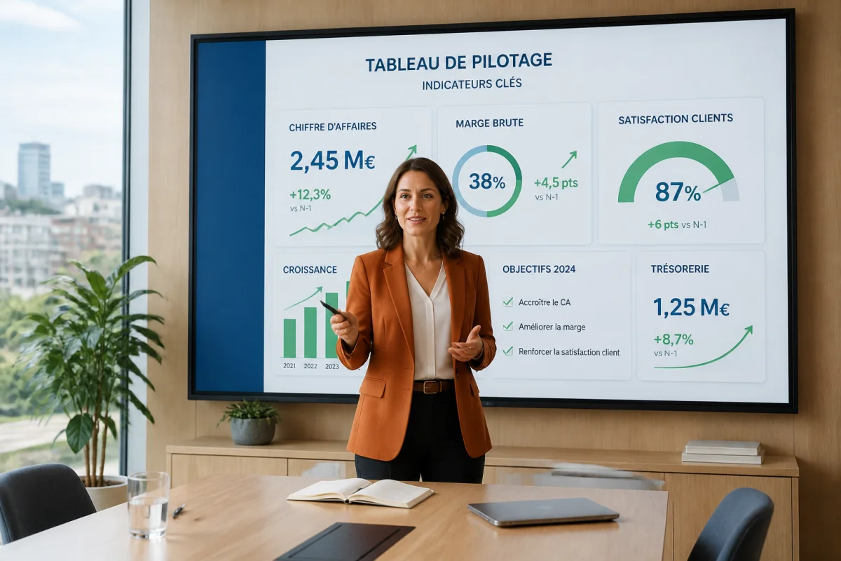 Professionnelle présentant des indicateurs clés sur un tableau de pilotage pour optimiser la gestion d’entreprise