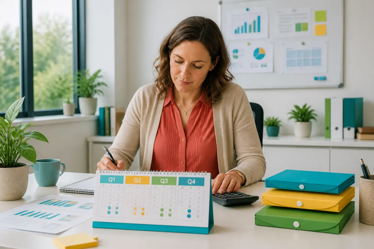 Responsable financière analysant un calendrier de paiements et des dépenses pour optimiser la trésorerie d’entreprise durablement
