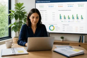 Professionnelle analysant un tableau de bord financier pour optimiser la trésorerie d’entreprise durablement dans un bureau lumineux