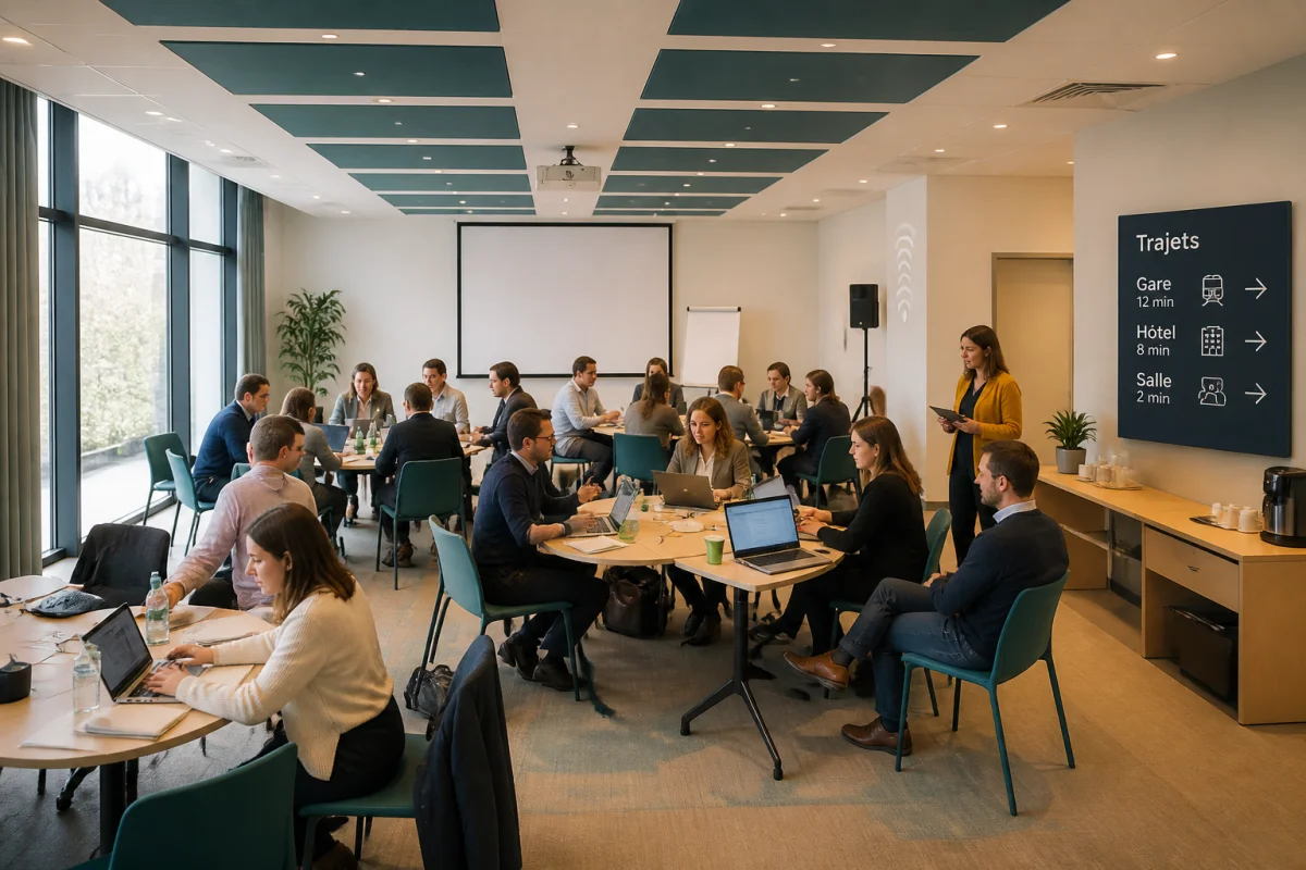 Organiser un séminaire d’entreprise dans une salle moderne accessible accueillant une vingtaine de professionnels autour de tables modulaires