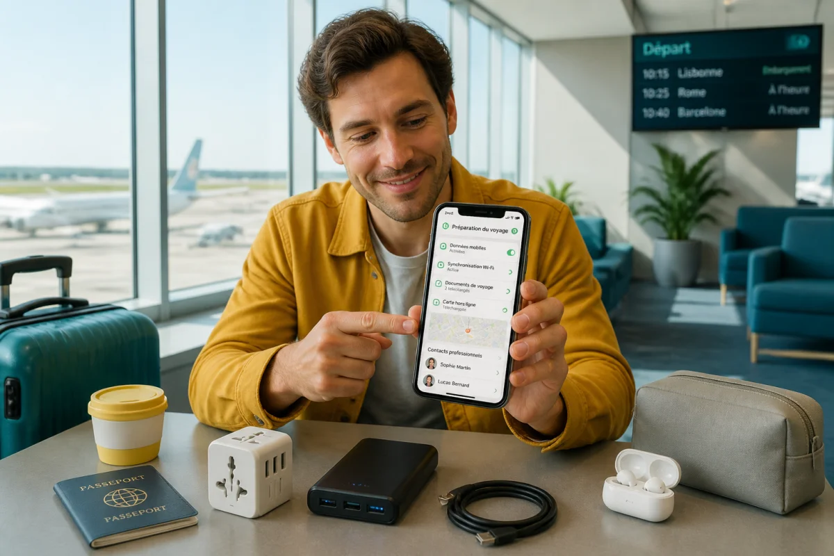 Voyageur professionnel préparant son téléphone et ses accessoires avant un déplacement professionnel à l’étranger.