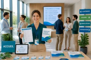 Organisatrice présentant un planning lors d’un événement professionnel, avec supports de communication et participants échangeant en arrière-plan
