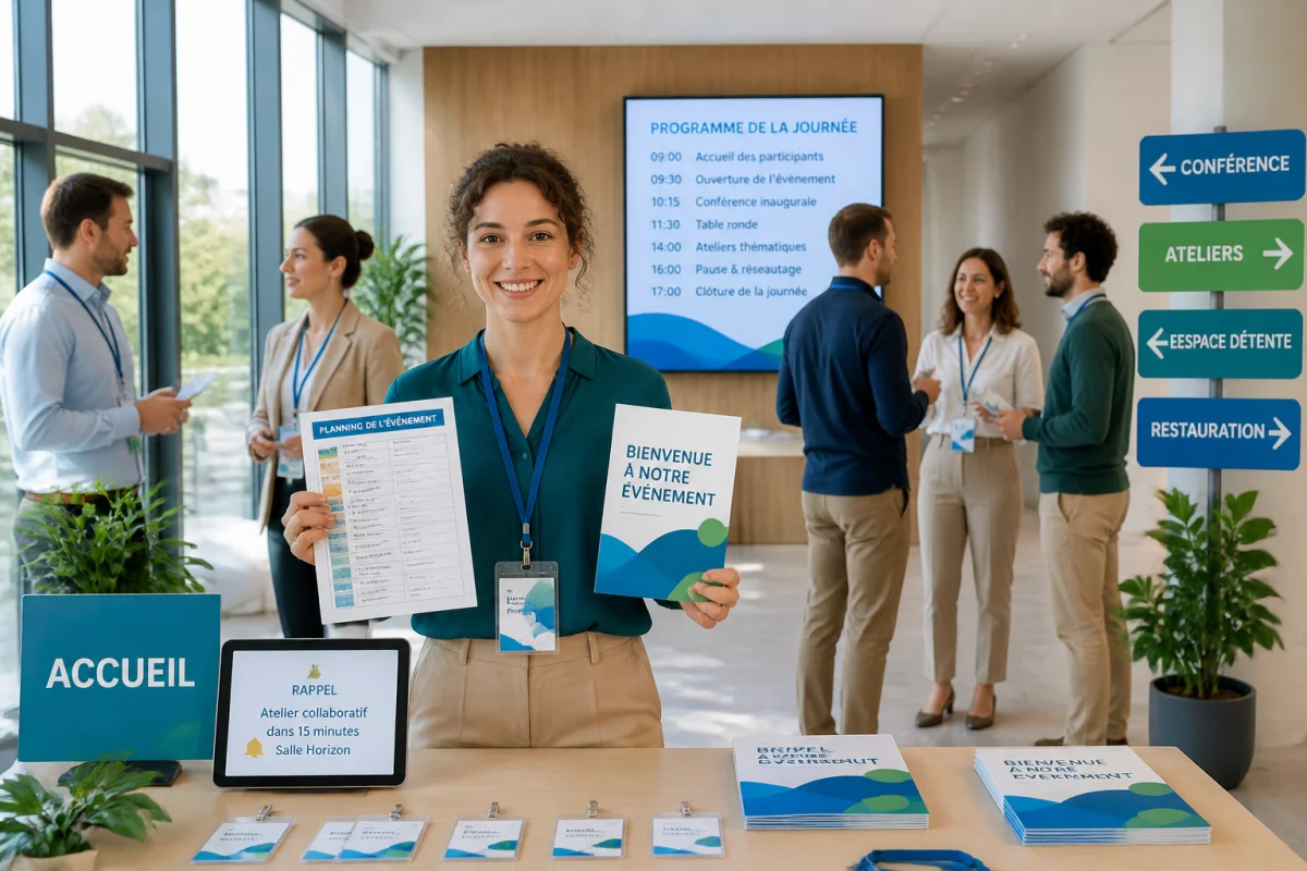 Organisatrice présentant un planning lors d’un événement professionnel, avec supports de communication et participants échangeant en arrière-plan