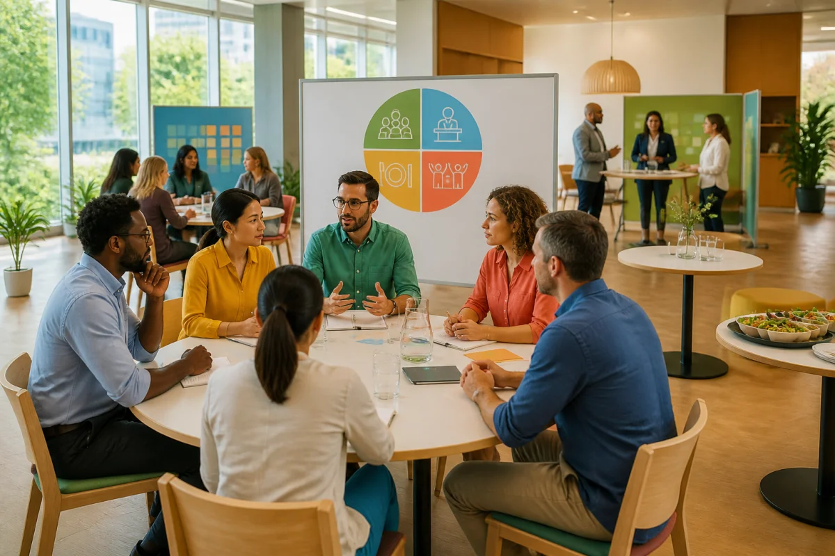 Professionnels diversifiés préparant un événement professionnel autour d’un tableau présentant ateliers, conférence, déjeuner et activité de cohésion