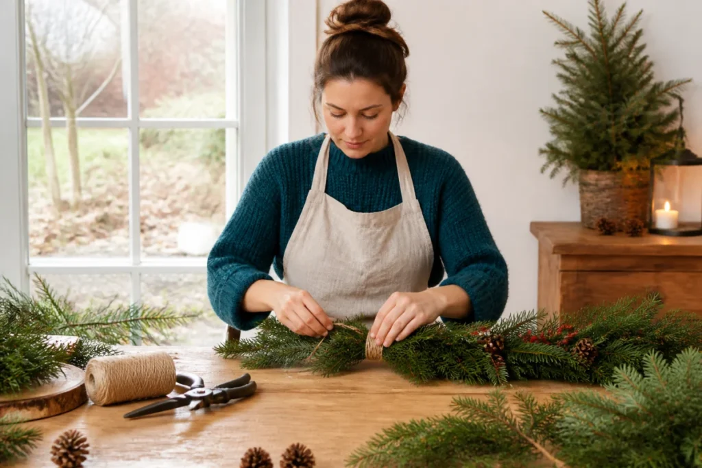 Personne fabriquant une guirlande décorative avec des branches de sapin, de la ficelle et des pommes de pin
