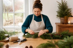 Personne fabriquant une guirlande décorative avec des branches de sapin, de la ficelle et des pommes de pin