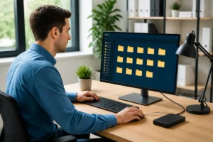 Employé organisant des fichiers numériques sur ordinateur pour résoudre les ralentissements d’ordinateur au bureau