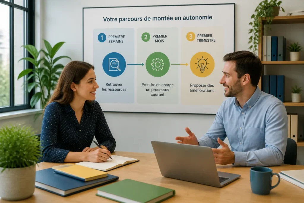 Nouvelle collaboratrice et manager planifiant un parcours d’intégration en trois étapes dans un bureau accueillant