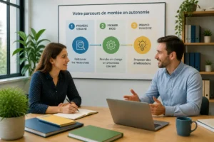 Nouvelle collaboratrice et manager planifiant un parcours d’intégration en trois étapes dans un bureau accueillant